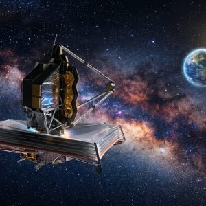 Ilustração do telescópio Habitable Worlds Observatory (HWO) no espaço observando um exoplaneta rochoso semelhante à Terra para medir sua habitabilidade.