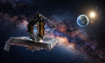 Ilustração do telescópio Habitable Worlds Observatory (HWO) no espaço observando um exoplaneta rochoso semelhante à Terra para medir sua habitabilidade.