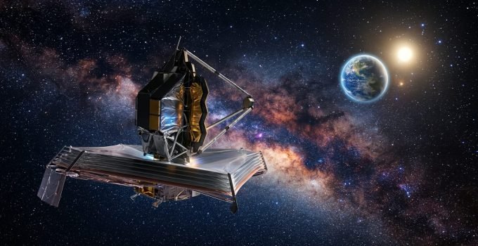 Ilustração do telescópio Habitable Worlds Observatory (HWO) no espaço observando um exoplaneta rochoso semelhante à Terra para medir sua habitabilidade.