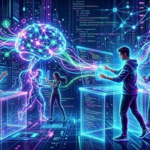 Visualização futurista da IA no desenvolvimento de software, com elementos de código e redes neurais, simbolizando a colaboração entre humanos e inteligência artificial