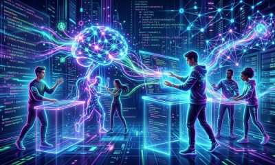 Visualização futurista da IA no desenvolvimento de software, com elementos de código e redes neurais, simbolizando a colaboração entre humanos e inteligência artificial