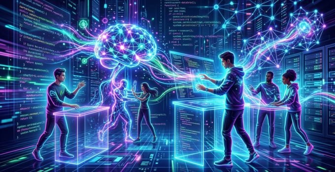 Visualização futurista da IA no desenvolvimento de software, com elementos de código e redes neurais, simbolizando a colaboração entre humanos e inteligência artificial