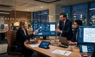 Advogados brasileiros utilizando ferramentas de IA no Direito para otimizar suas tarefas em um ambiente de trabalho contemporâneo.