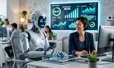 Um robô de IA futurista, com foco em IA para atendimento ao cliente, interage com um humano, simbolizando a eficiência do Fin Apex 1.0 da Intercom em resolver problemas.