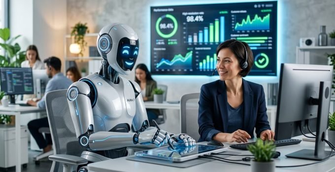 Um robô de IA futurista, com foco em IA para atendimento ao cliente, interage com um humano, simbolizando a eficiência do Fin Apex 1.0 da Intercom em resolver problemas.