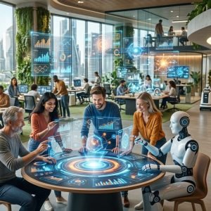 Uma equipe de startup sorridente trabalhando em conjunto com interfaces de IA holográficas, simbolizando como a IA para startups impulsiona o crescimento e melh