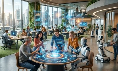 Uma equipe de startup sorridente trabalhando em conjunto com interfaces de IA holográficas, simbolizando como a IA para startups impulsiona o crescimento e melh