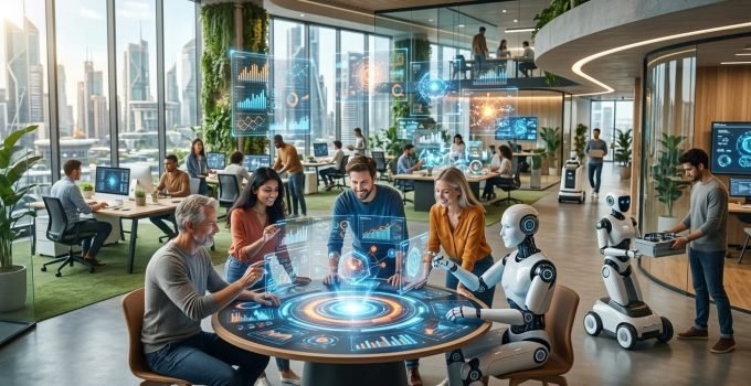 Uma equipe de startup sorridente trabalhando em conjunto com interfaces de IA holográficas, simbolizando como a IA para startups impulsiona o crescimento e melh