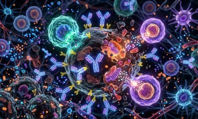 Imunoterapia contra o câncer: Ilustração de anticorpos CD40 agindo em tumores, ativando o sistema imunológico para combater células cancerígenas e promover a remissão da doença.