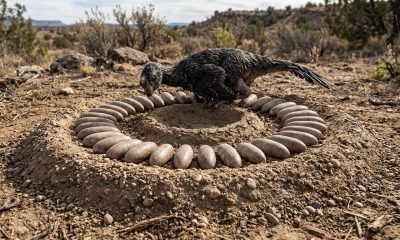 Reconstrução científica de um ninho de oviraptor com ovos e modelo de adulto, ilustrando a incubação de dinossauros híbrida.