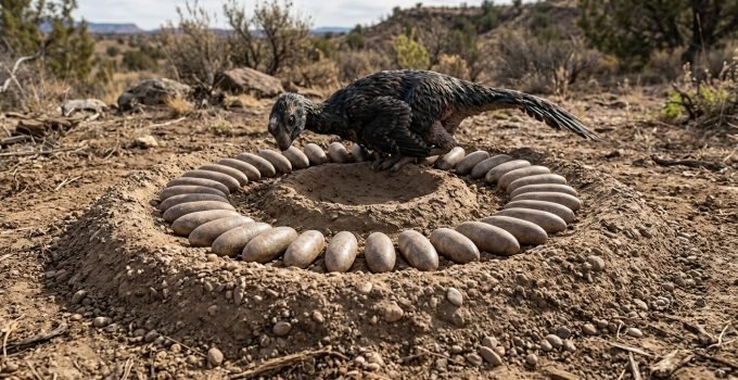 Reconstrução científica de um ninho de oviraptor com ovos e modelo de adulto, ilustrando a incubação de dinossauros híbrida.