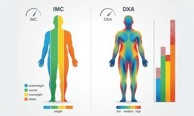 Gráfico comparativo entre Índice de Massa Corporal (IMC) e gordura corporal por DXA, ilustrando a imprecisão do IMC na classificação de peso.