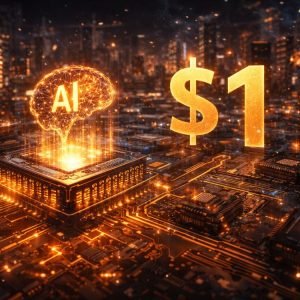 Processador avançado em ambiente tecnológico futurista com representação abstrata de inteligência artificial, simbolizando o crescimento da indústria de chips impulsionado pela corrida da IA.