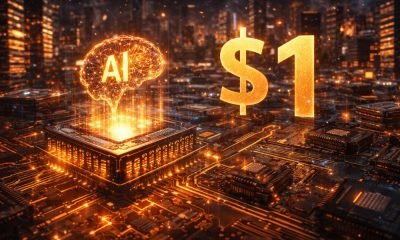 Processador avançado em ambiente tecnológico futurista com representação abstrata de inteligência artificial, simbolizando o crescimento da indústria de chips impulsionado pela corrida da IA.