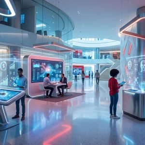 Pessoas em um banco futurista interagem com interfaces holográficas, simbolizando a inovação bancária do Bradesco com IA e ativos digitais.
