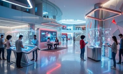 Pessoas em um banco futurista interagem com interfaces holográficas, simbolizando a inovação bancária do Bradesco com IA e ativos digitais.