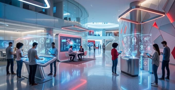 Pessoas em um banco futurista interagem com interfaces holográficas, simbolizando a inovação bancária do Bradesco com IA e ativos digitais.