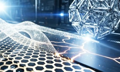 Uma imagem futurista e dinâmica mostrando as inovações em ciência de materiais, com grafeno brilhante, um material auto-curativo em processo de regeneração e estruturas complexas de metamateriais, simbolizando o avanço tecnológico.