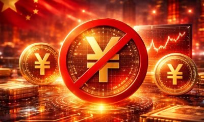 Ilustração conceitual de moedas digitais em ambiente financeiro abstrato, representando a proibição da China à emissão não autorizada de stablecoins atreladas ao iuan.