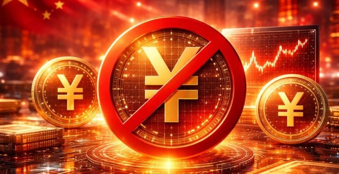 Ilustração conceitual de moedas digitais em ambiente financeiro abstrato, representando a proibição da China à emissão não autorizada de stablecoins atreladas ao iuan.