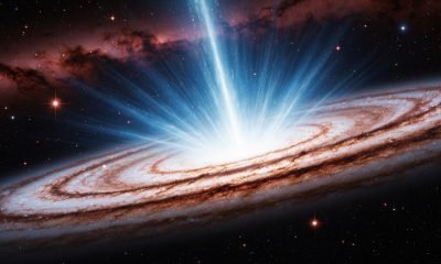 Jato de buraco negro supermassivo emitindo partículas em alta velocidade, comparado à Estrela da Morte em poder.