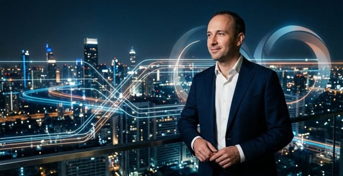 Retrato artístico de Leonid Radvinsky, o bilionário por trás do OnlyFans, em um cenário digital que representa sua influência no empreendedorismo e tecnologia.