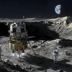 Módulo lunar Artemis pousando no polo sul da Lua com astronautas explorando em busca de gelo de água.