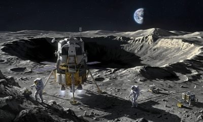 Módulo lunar Artemis pousando no polo sul da Lua com astronautas explorando em busca de gelo de água.
