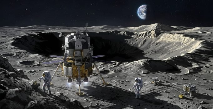 Módulo lunar Artemis pousando no polo sul da Lua com astronautas explorando em busca de gelo de água.