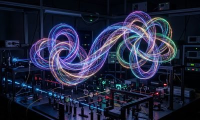 Representação visual da luz quântica emaranhada revelando estruturas de 48 dimensões, com feixes de luz coloridos e torcidos em um laboratório futurista, simbol