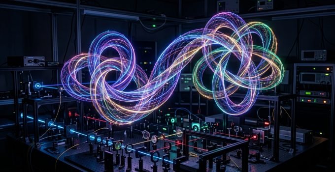 Representação visual da luz quântica emaranhada revelando estruturas de 48 dimensões, com feixes de luz coloridos e torcidos em um laboratório futurista, simbol