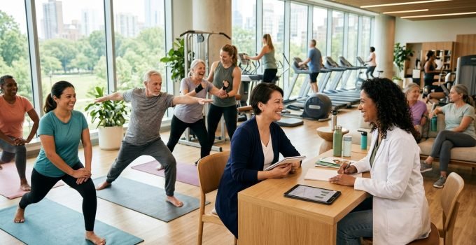 Pessoas engajadas em atividades saudáveis e consultas médicas, representando a jornada de manutenção de peso após Ozempic e Mounjaro, com foco em estratégias de longo prazo.