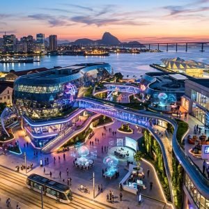 Vista aérea moderna do Maravalley, hub de tecnologia e inovação no Rio de Janeiro, com edifícios futuristas e luzes.