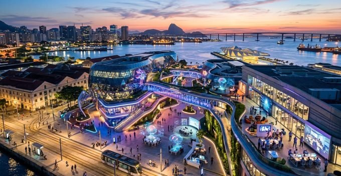 Vista aérea moderna do Maravalley, hub de tecnologia e inovação no Rio de Janeiro, com edifícios futuristas e luzes.