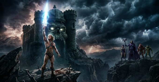 Nicholas Galitzine como He-Man erguendo a Espada do Poder em frente a Castle Grayskull no trailer de Masters of the Universe, revelando sua origem