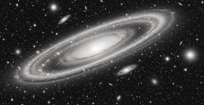 Aglomerado de galáxias com distorções de luz evidenciando lente gravitacional