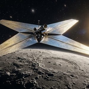 Ilustração da sonda Mercury Scout com velas solares implantadas, orbitando o planeta Mercúrio.