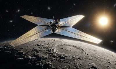 Ilustração da sonda Mercury Scout com velas solares implantadas, orbitando o planeta Mercúrio.