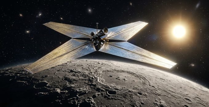 Ilustração da sonda Mercury Scout com velas solares implantadas, orbitando o planeta Mercúrio.