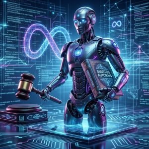 Robô de IA com martelo de juiz e livro de direitos autorais simboliza a batalha legal Meta, IA e Direitos Autorais após decisão da Suprema Corte sobre pirataria.