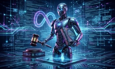 Robô de IA com martelo de juiz e livro de direitos autorais simboliza a batalha legal Meta, IA e Direitos Autorais após decisão da Suprema Corte sobre pirataria.