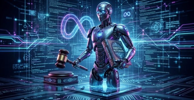 Robô de IA com martelo de juiz e livro de direitos autorais simboliza a batalha legal Meta, IA e Direitos Autorais após decisão da Suprema Corte sobre pirataria.