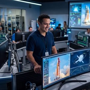 Michael Guzman, engenheiro da NASA e peça chave na missão Artemis II, em sua sala de controle no Kennedy Space Center, com monitores exibindo o foguete SLS.