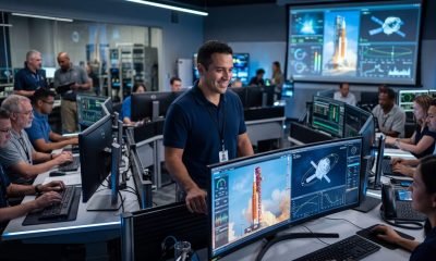 Michael Guzman, engenheiro da NASA e peça chave na missão Artemis II, em sua sala de controle no Kennedy Space Center, com monitores exibindo o foguete SLS.