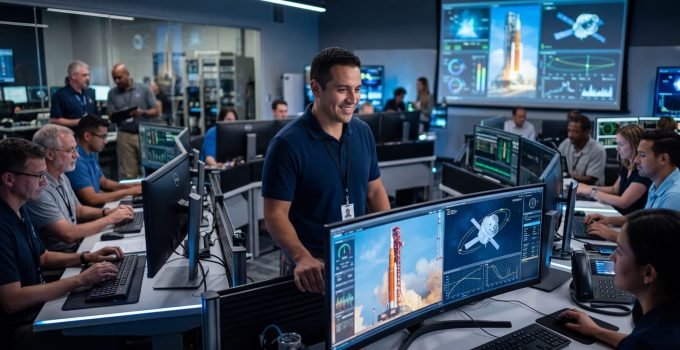 Michael Guzman, engenheiro da NASA e peça chave na missão Artemis II, em sua sala de controle no Kennedy Space Center, com monitores exibindo o foguete SLS.