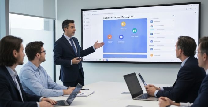 Executivo da Microsoft apresentando o novo marketplace de licenciamento de conteúdo para IA em uma tela digital.