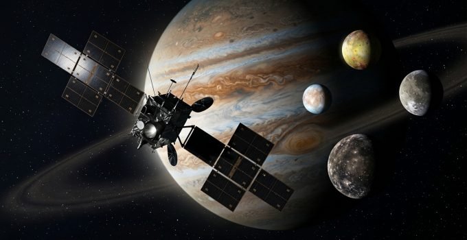 Missão JUICE - Representação artística da sonda JUICE da ESA explorando as luas de Júpiter, destacando o potencial científico em satélites menores.