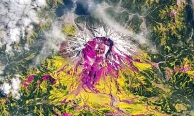 Imagem de radar capturada pela Missão NISAR do Monte Santa Helena, revelando detalhes da superfície através das nuvens, com áreas coloridas indicando vegetação.