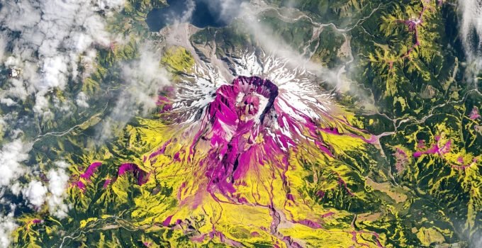 Imagem de radar capturada pela Missão NISAR do Monte Santa Helena, revelando detalhes da superfície através das nuvens, com áreas coloridas indicando vegetação.