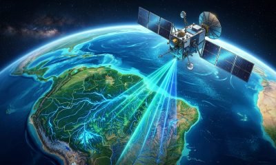 Representação artística da Missão SWOT da NASA, um satélite avançado monitorando a água doce e os rios do planeta com tecnologia de radar.